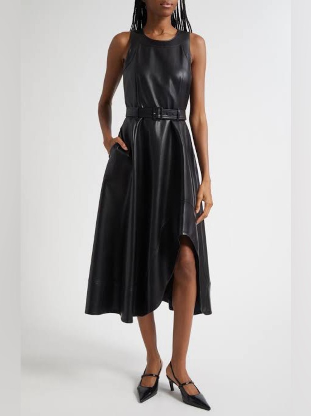 NWT $425 Cinq a Sept Zelda Midi Dress, Black Vegan Leather sz 0